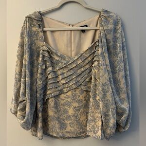 Express Floral Ruffle Blouse in Cream and Blue